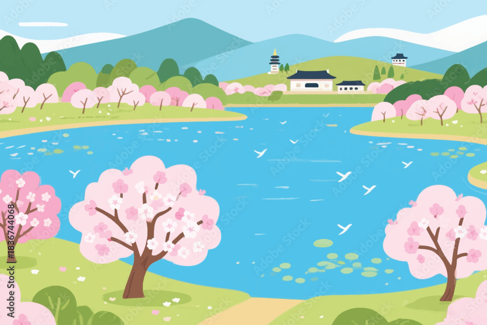 Obraz premium Serene spring landscape with cherry blossoms, calm lake, and traditional buildings under blue sky.