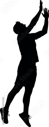 Silhouette of a male athlete in mid-air, jumping and reaching upwards, possibly playing a sport like volleyball or basketball, showcasing athleticism and dynamic movement