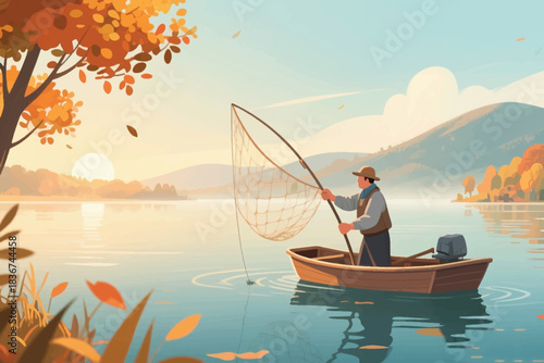 Autumn lake scene with person fishing from boat, surrounded by colorful trees and warm sunset glow.