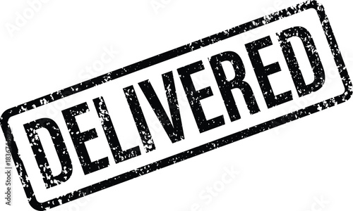 An isolated black Delivered stamp angled on a white background conveys confirmation now