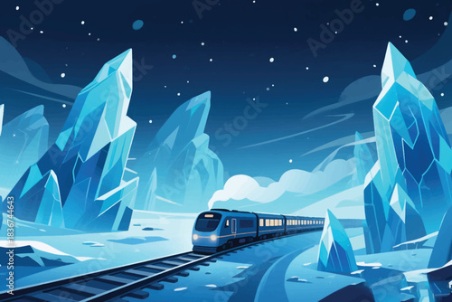 Modern train crossing icy terrain under starry night sky, ideal for adventure, travel, or winter themes.