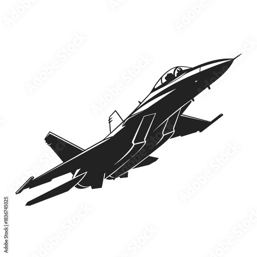 Black silhouette of a modern military fighter jet in flight, vector illustration.