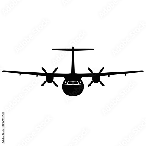 Black silhouette of a propeller airplane viewed from the front, with two engines and wings spread wide.