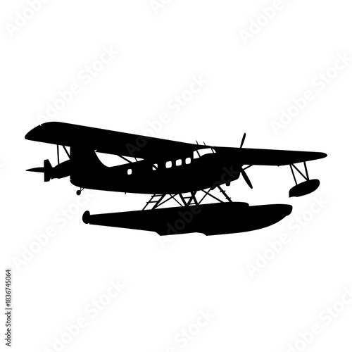 Black silhouette of a vintage seaplane with floats, ready for water landing or takeoff, against a white background.