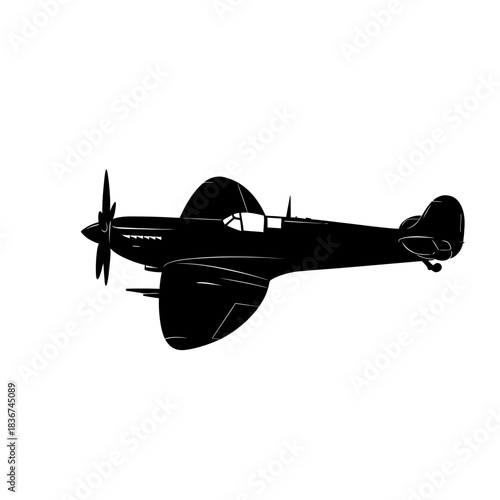 Black silhouette of a vintage World War II era fighter plane, side view, on a white background.