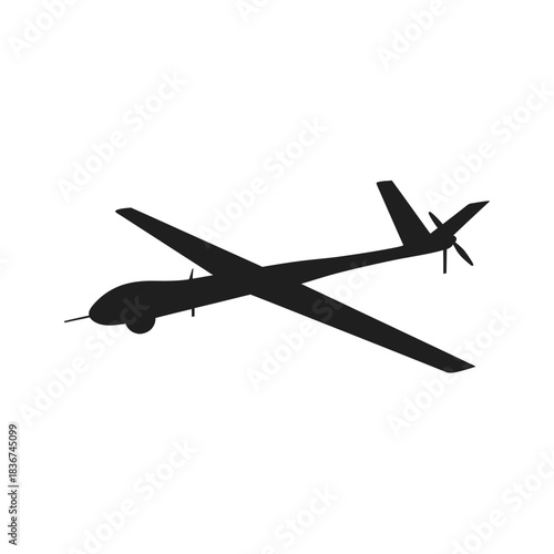 Black silhouette of a military-style unmanned aerial vehicle (UAV) or drone flying, isolated on a white background.