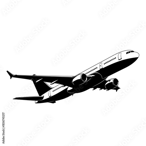 Stylized black and white illustration of a large passenger airplane taking off against a white background.