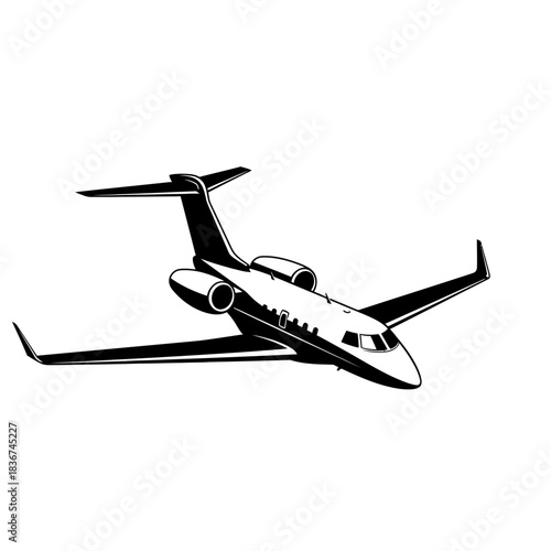 Black and white vector illustration of a private jet aircraft flying, depicted with sleek lines and a modern design.