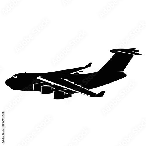 Black silhouette of a large military cargo aircraft flying horizontally against a white background.