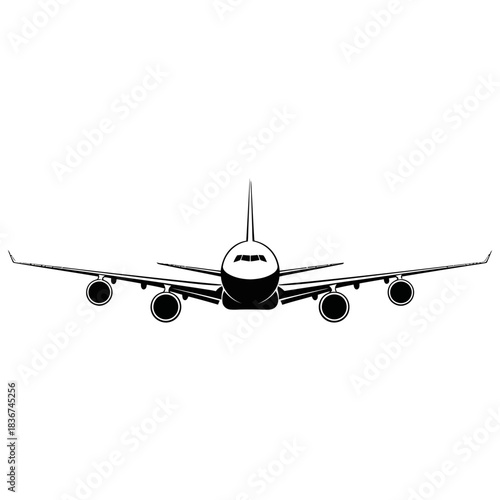 A front view black and white graphic illustration of a large passenger airplane with four engines ready for flight.