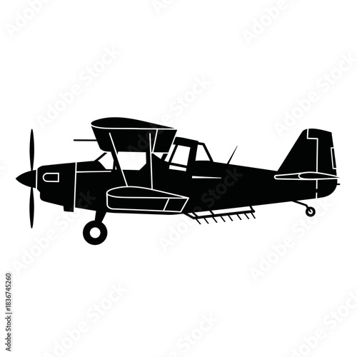 Black silhouette of a vintage biplane crop duster with a propeller and spray bars, viewed from the side.