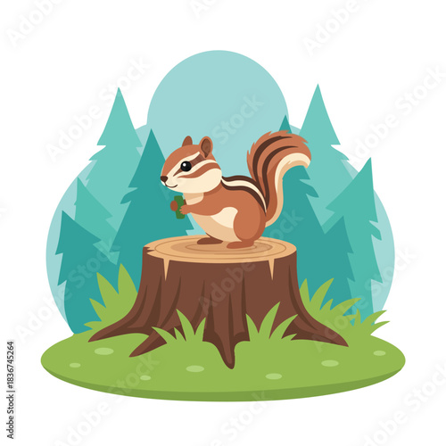 Playful Squirrel on Tree Stump in Forest Glade