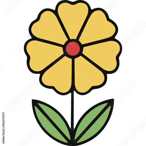 Stylized Yellow Flower with Red Center and Green Leaves on Black Background Simple Vector Illustration