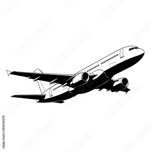 Black and white illustration of a large passenger airplane taking off or in flight, showcasing its sleek design and powerful engines.