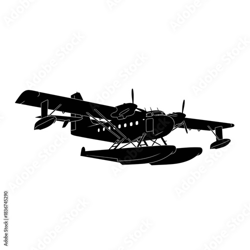 Black silhouette of a vintage seaplane with floats, side view, on a white background.