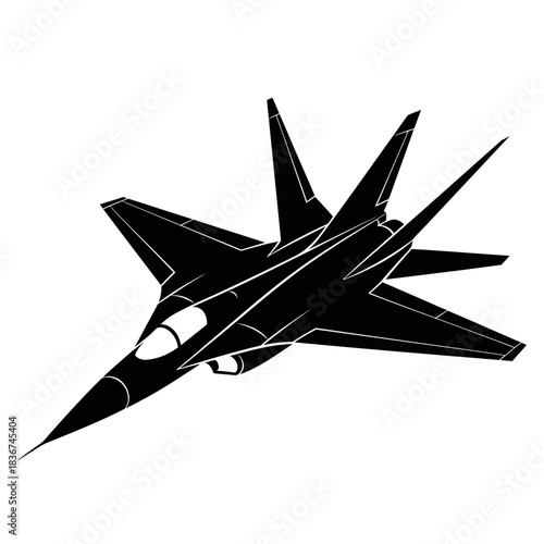 Black silhouette of a modern military fighter jet aircraft flying, depicted as a graphic resource.