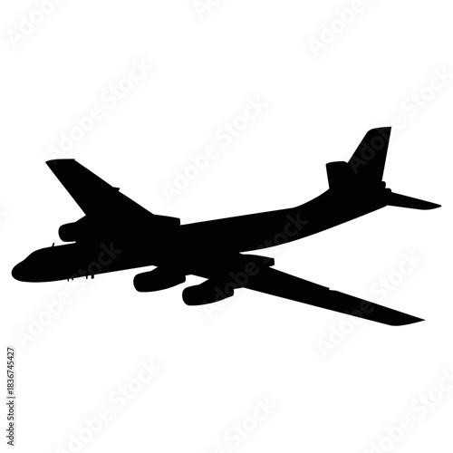 Black silhouette of a large transport aircraft in flight.