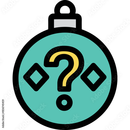 Teal Circle Ornament With Yellow Question Mark Symbol And Small Diamond Shapes Isolated On White Background Festive Celebration Concept Minimalist Design