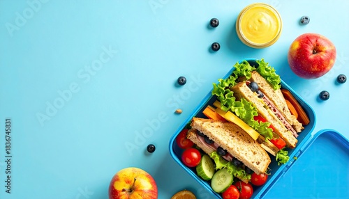 Overhead shot of a healthy lunchbox with sandwich, fruit, and snacks on a blue background