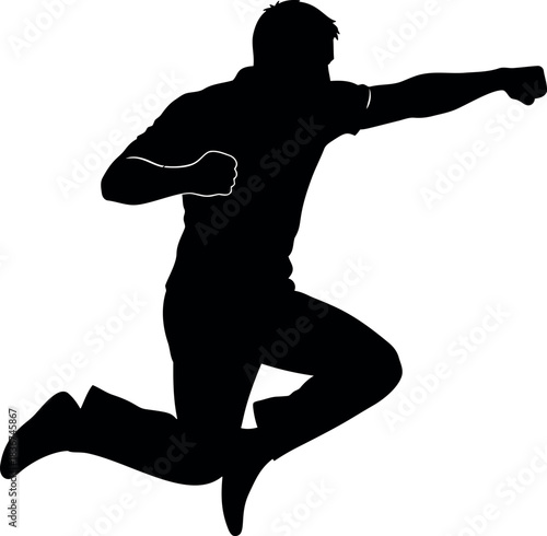 Dynamic silhouette of a man in mid-air punch, suggesting action and martial arts