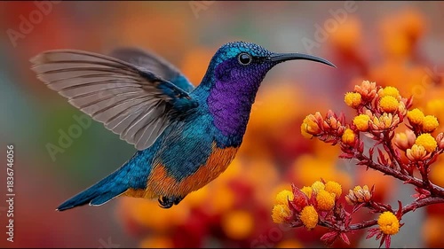 A vibrant hummingbird hovers gracefully in front of colorful flowers, its iridescent feathers shimmering in the sunlight.