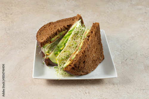 Canvas Print A view of a veggie sandwich, on a plate.