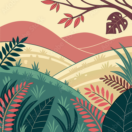 Stylized landscape with rolling hills lush green foliage and abstract red leaves under a soft yellow sky evoking a serene natural environment