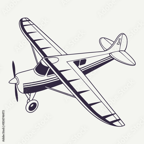 A classic single engine propeller airplane depicted in a clean minimalist line art style with dark purple outlines against a light cream background