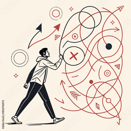 A determined man in a hoodie walks forward drawing a complex web of red and black lines with arrows circles and symbols representing strategy and planning