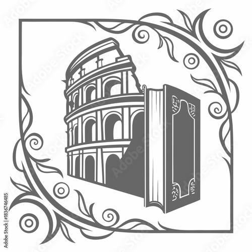 An artistic illustration of the ancient roman colosseum alongside a closed book framed by decorative floral scrollwork symbolizing history and knowledge