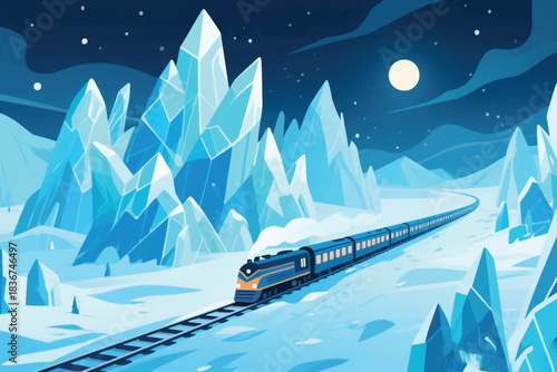 Steam train crossing icy terrain under full moon and starry night sky with dramatic ice formations.