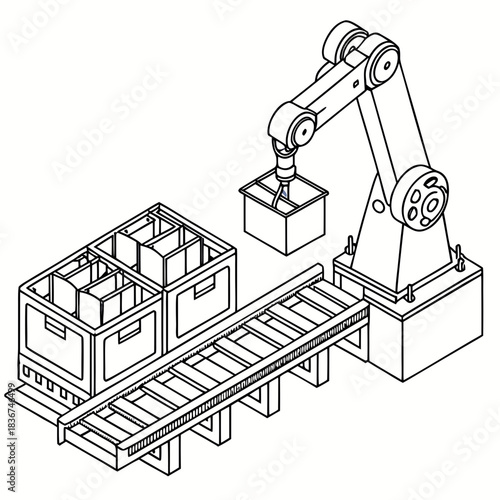 Automated industrial robotic arm precisely placing a container onto a conveyor belt system next to a multi compartment crate in a factory setting