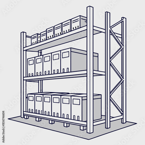 Clean line art illustration of a warehouse storage rack filled with various sized cardboard boxes and containers on multiple shelves