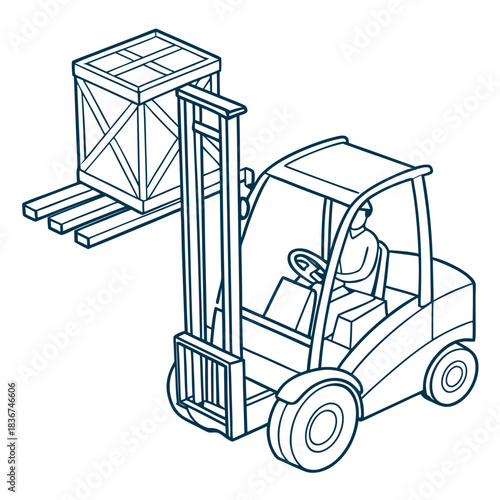 A simple line art illustration of a forklift truck operated by a person lifting a wooden crate with its forks in an isometric perspective