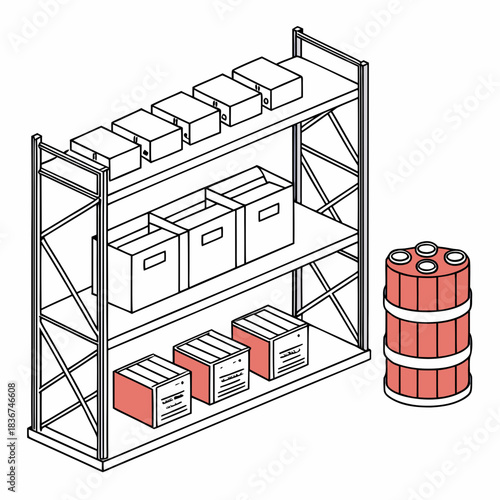 Isometric illustration of a warehouse storage rack filled with various boxes and a red barrel next to it