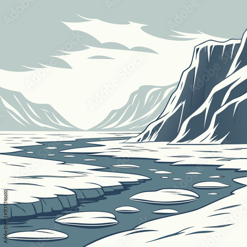 Stylized arctic landscape with icy river flowing between snow covered mountains under a cloudy sky