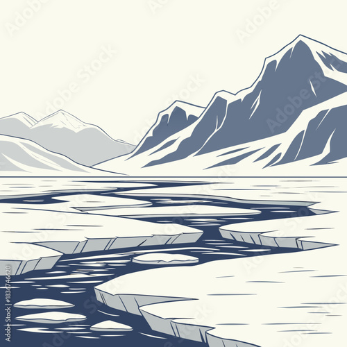 Stylized illustration of a frozen arctic landscape with jagged ice floes and distant snow capped mountains under a pale sky