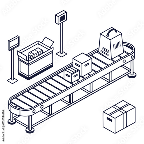 Isometric line art illustration of a conveyor belt system with boxes and weighing scales for logistics and shipping processes