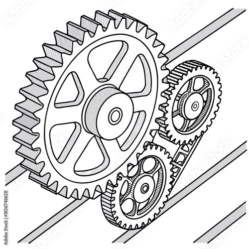 Detailed illustration of a mechanical gear system with a timing belt connecting multiple sprockets and gears in an isometric view