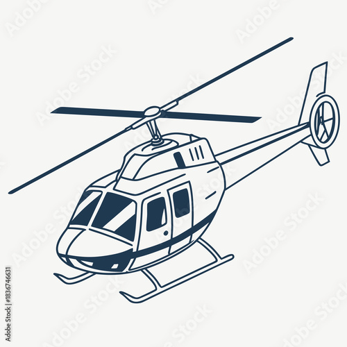 A simple line art illustration of a modern helicopter with two rotor blades and a tail rotor in a dark blue outline on a white background