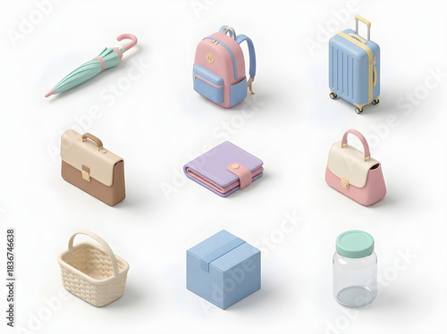 Collection of pastel-colored travel and everyday accessories on a white background