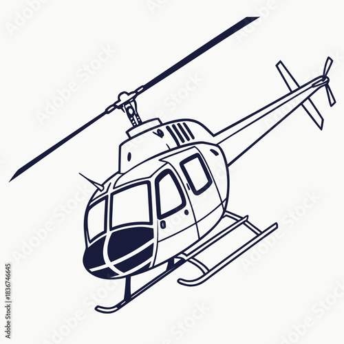 A simple navy blue line art illustration of a modern helicopter in flight against a white background