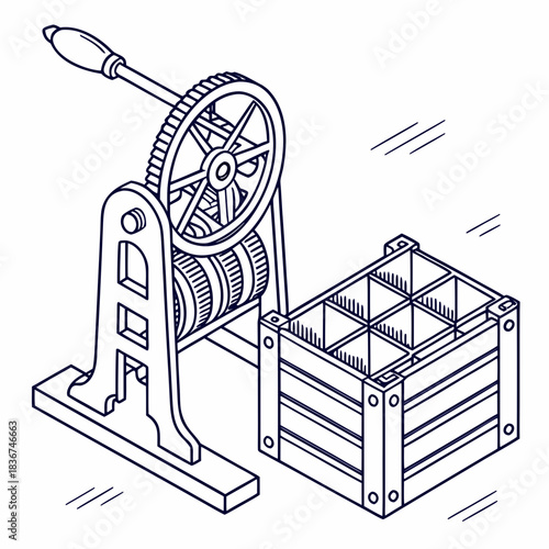 Vintage isometric illustration of a manual butter churn machine and a wooden crate with compartments for dairy products