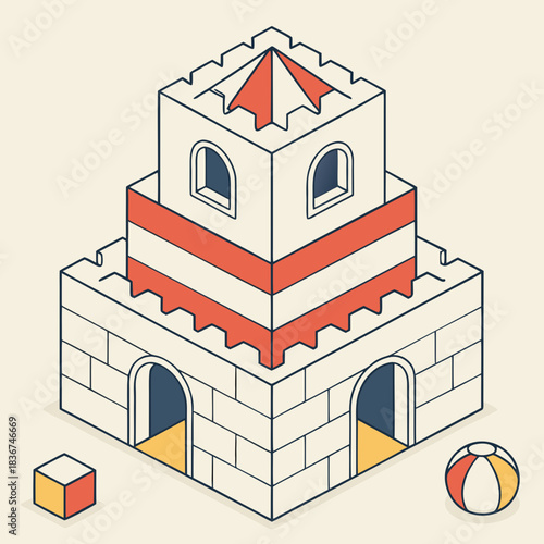 Isometric illustration of a stylized toy castle with arched doorways battlements and a colorful striped roof accompanied by a toy block and beach ball