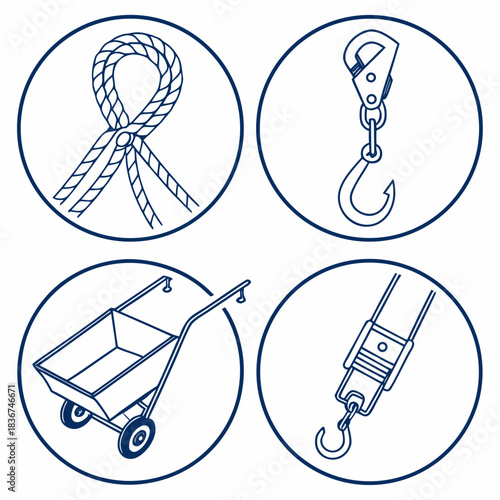 Set of four circular icons depicting a tied knot a crane hook a wheelbarrow and a cargo strap with a hook