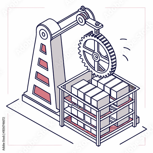 Automated robotic arm placing a large gear into a rack filled with boxes in a factory setting