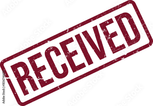 Maroon rectangular rubber stamp declaring received with distressed details conveys formal approval against white backdrop