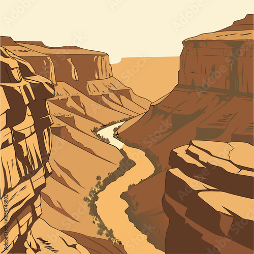 Stylized illustration of a vast canyon with a winding river and a lone figure on a raft
