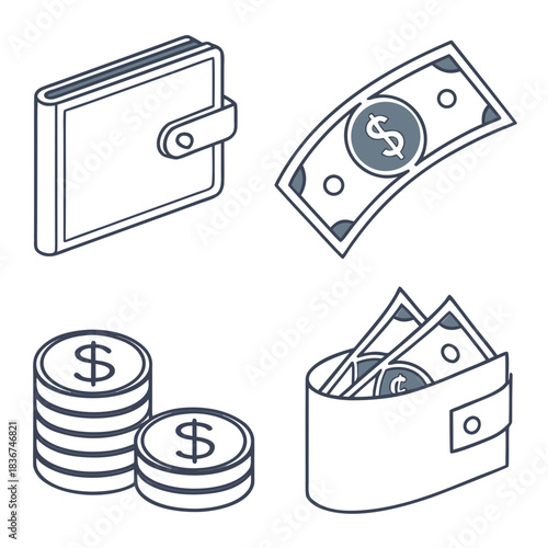Isometric icons of a wallet dollar bills and coins representing financial concepts and wealth accumulation