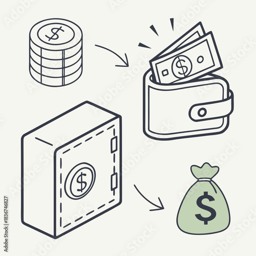 Conceptual illustration of money flow from savings to wallet and cash bag representing financial transactions and wealth management